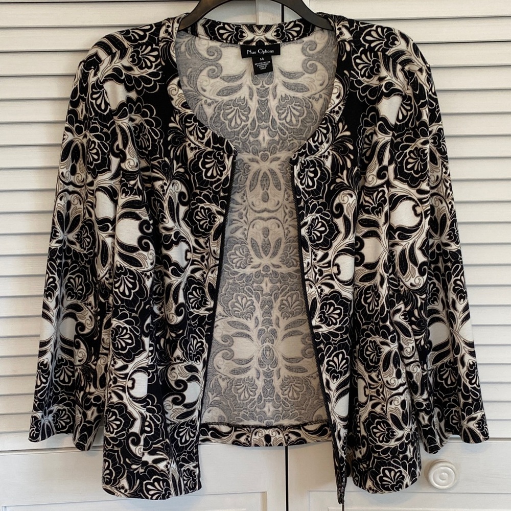 Nue Opions Women's Size 14 Jacket Blazer Full Zip Lightweight Black Cream Office